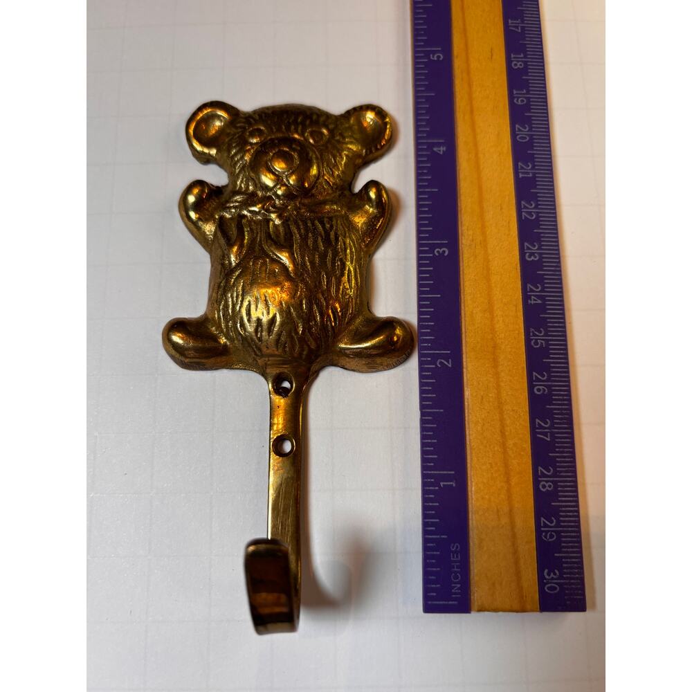 Vintage 1970s Solid Brass Teddy Bear Wall Hook for Towel, Coat or Bag.